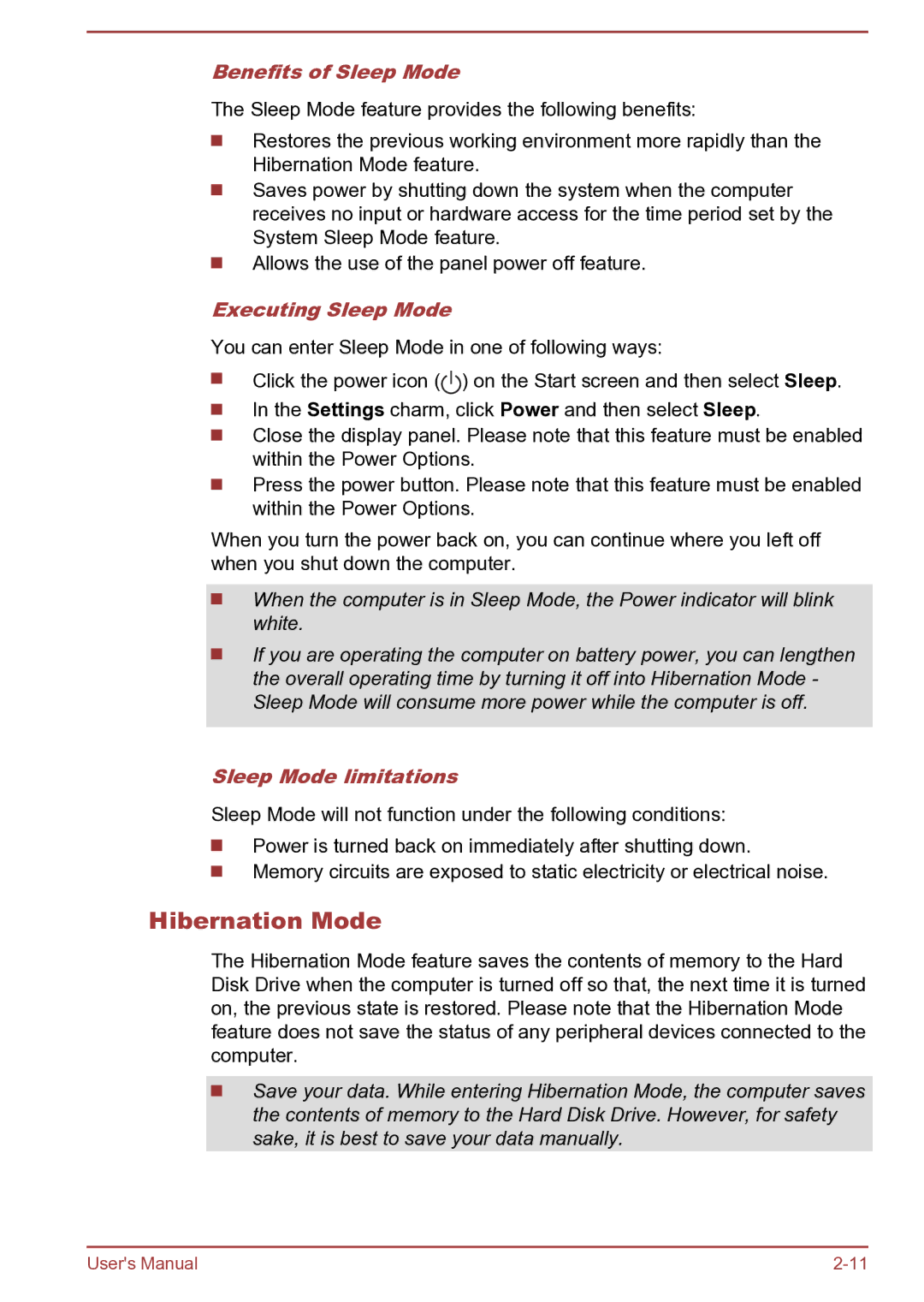 Toshiba S40D-B, S40Dt-B, S40t-B Hibernation Mode, Benefits of Sleep Mode, Executing Sleep Mode, Sleep Mode limitations 