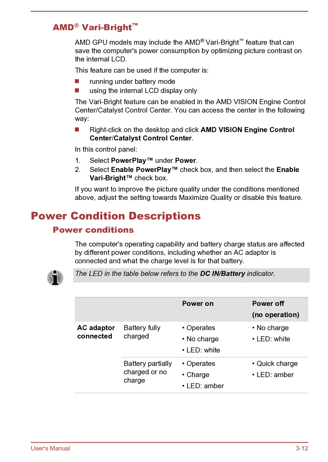 Toshiba L40t-B, S40D-B, S40Dt-B, S40t-B, S40-B, C45D-B, C45-B Power Condition Descriptions, AMD Vari-Bright, Power conditions 