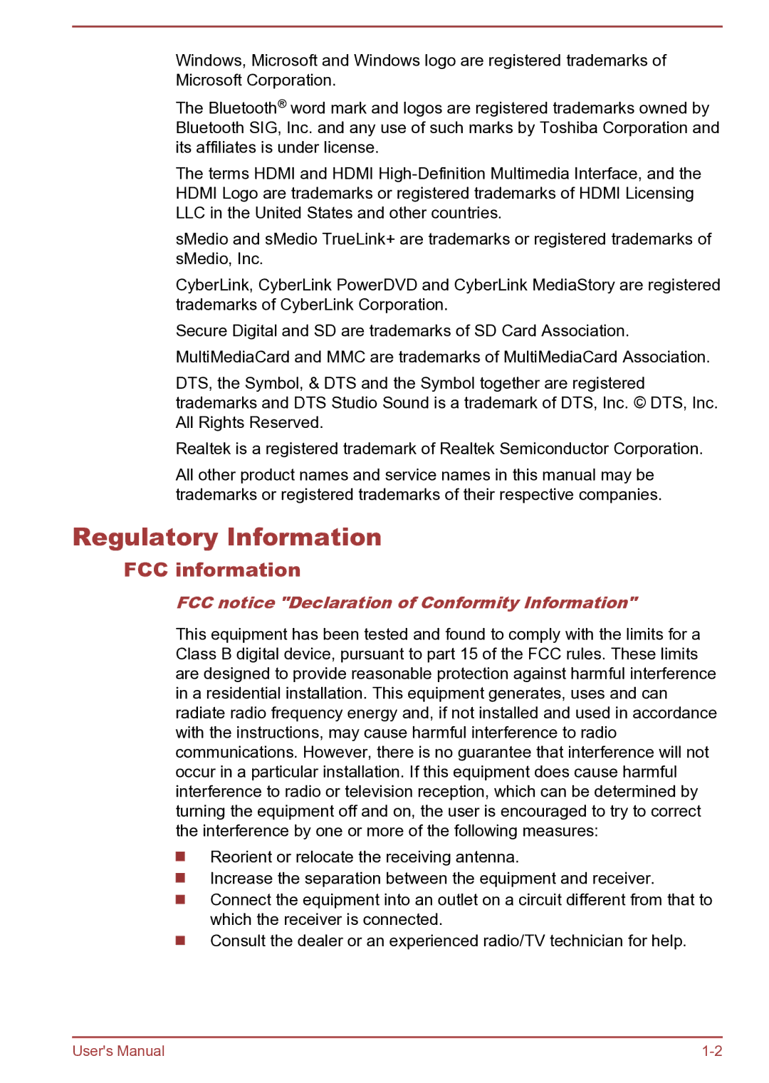 Toshiba C45-B, S40D-B, S40Dt-B Regulatory Information, FCC information, FCC notice Declaration of Conformity Information 