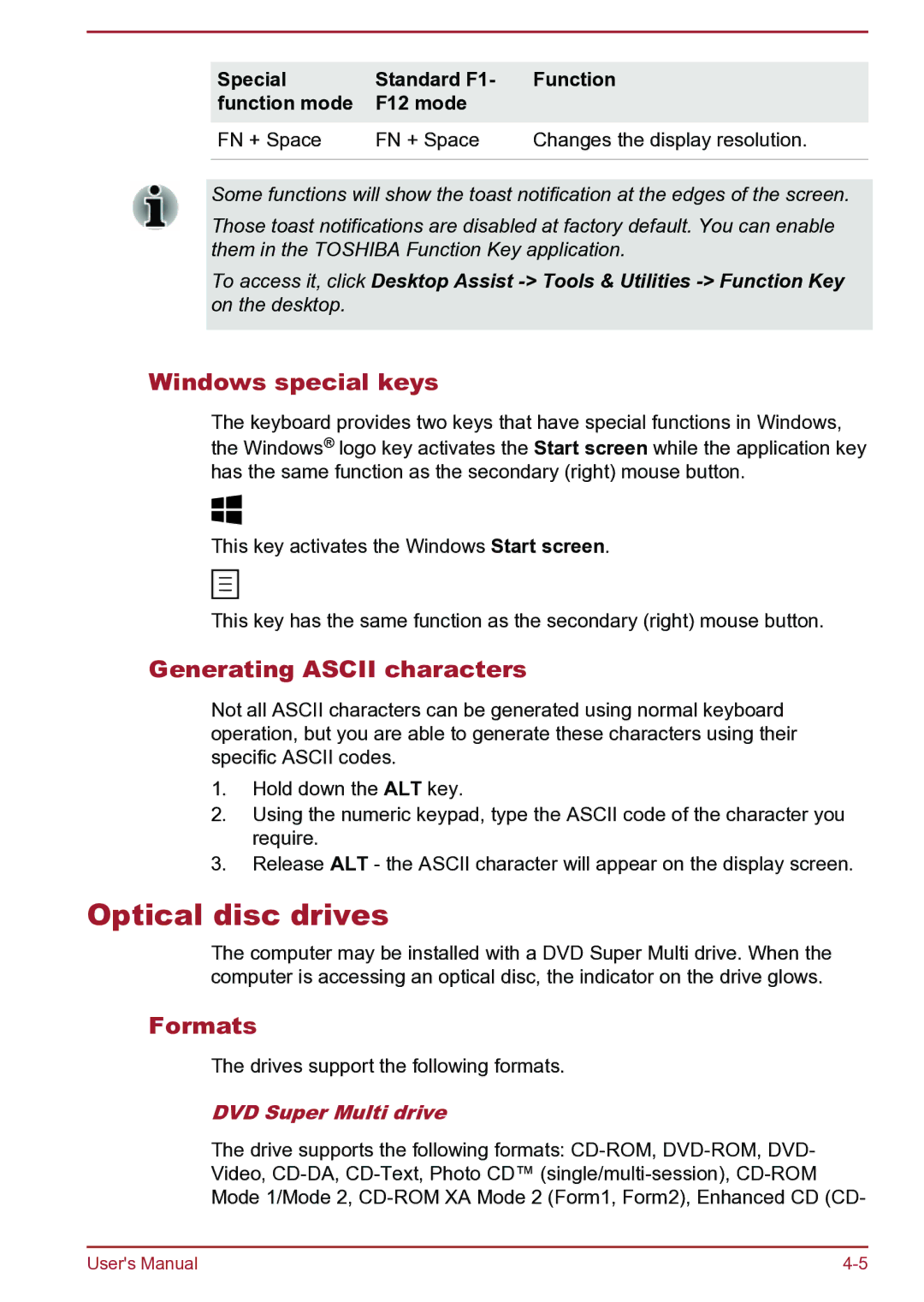 Toshiba C45-B Optical disc drives, Windows special keys, Generating Ascii characters, Formats, DVD Super Multi drive 