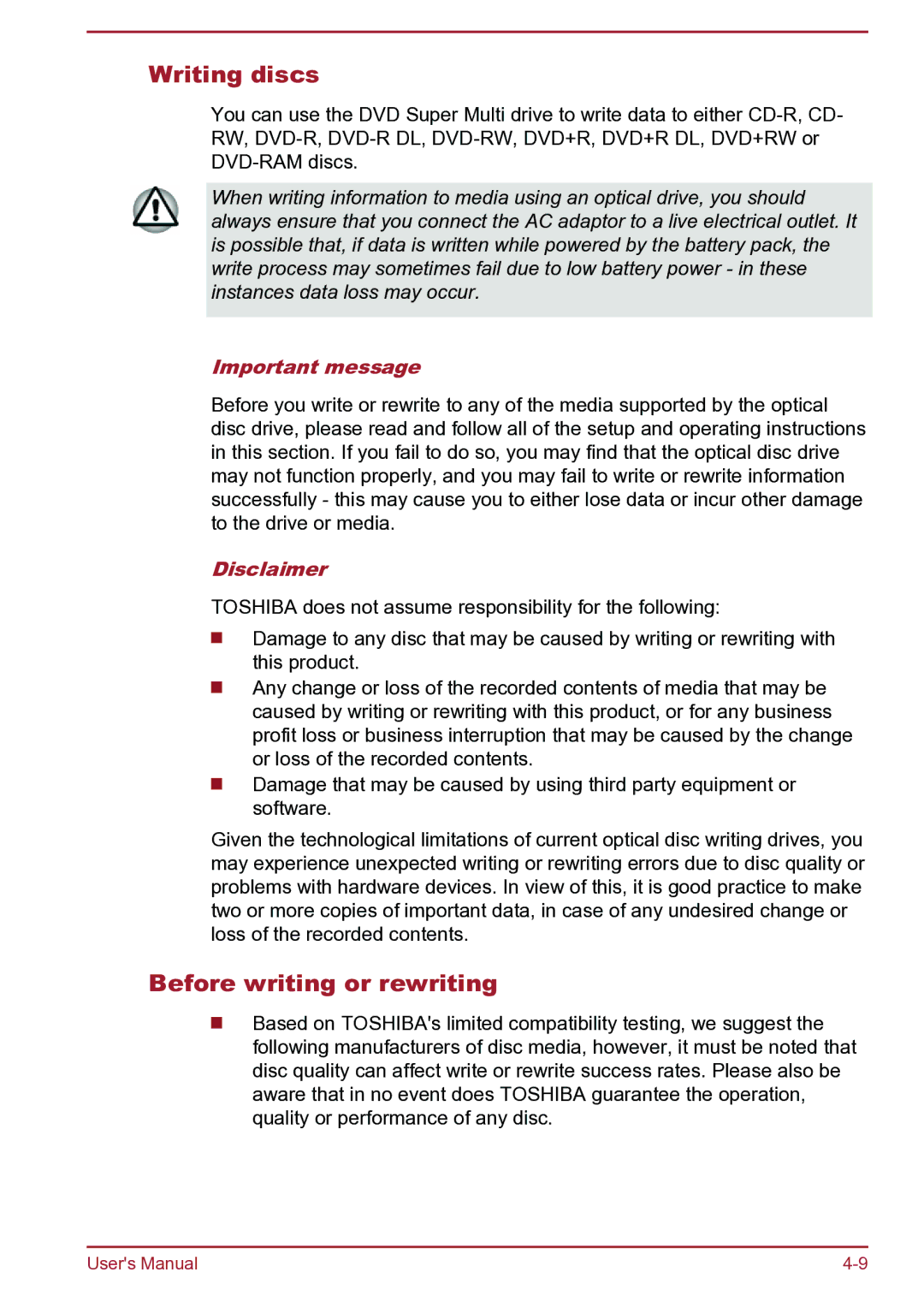Toshiba C45t-B, S40D-B, S40Dt-B, S40t-B, S40-B Writing discs, Before writing or rewriting, Important message, Disclaimer 