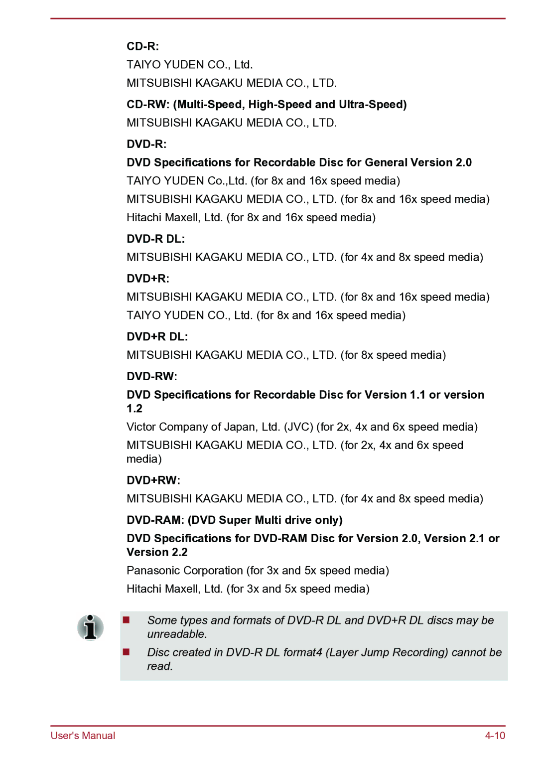 Toshiba C40-B CD-RW Multi-Speed, High-Speed and Ultra-Speed, DVD Specifications for Recordable Disc for General Version 