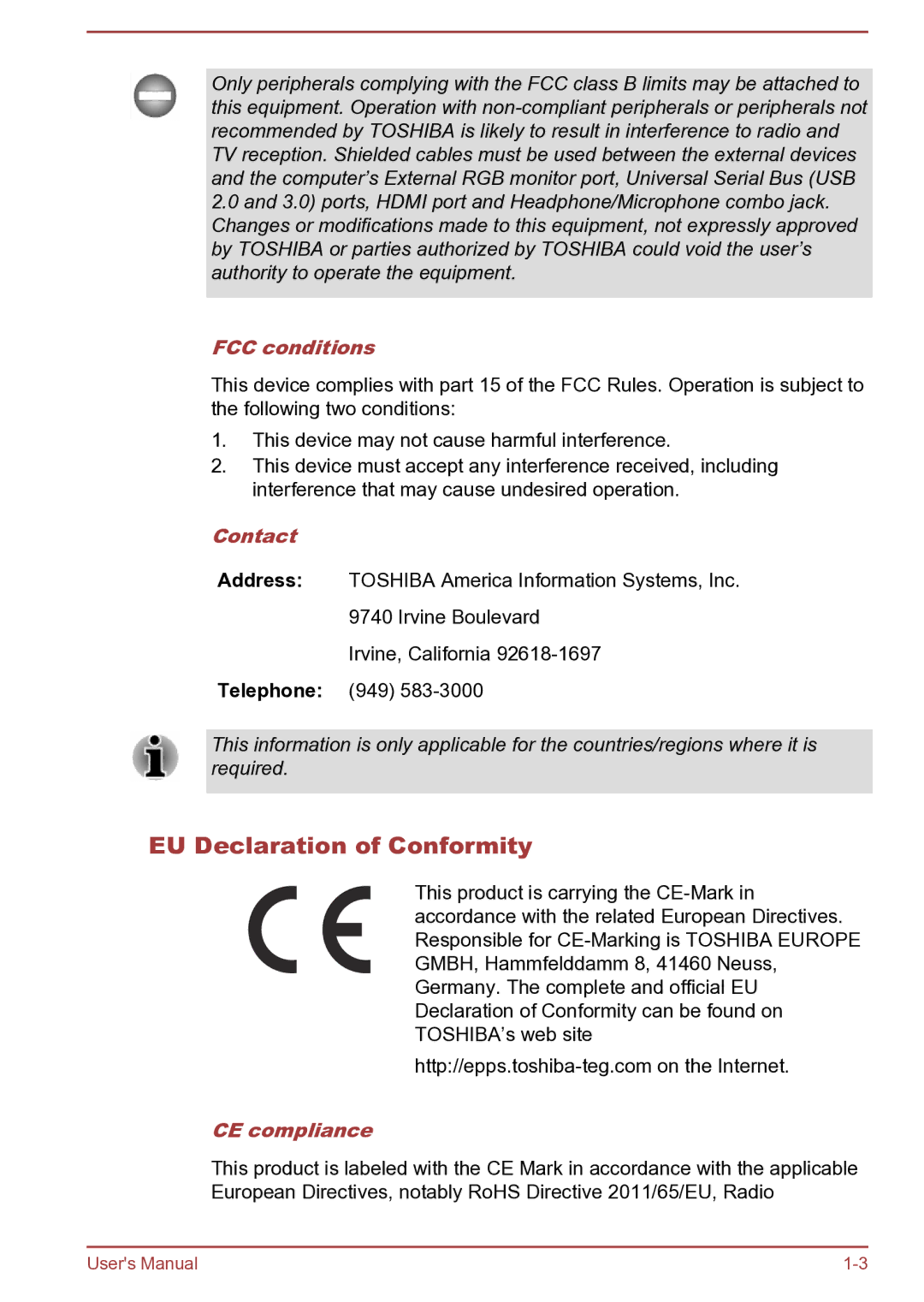 Toshiba C40t-B, S40D-B, S40Dt-B, S40t-B, S40-B, C45D-B EU Declaration of Conformity, FCC conditions, Contact, CE compliance 