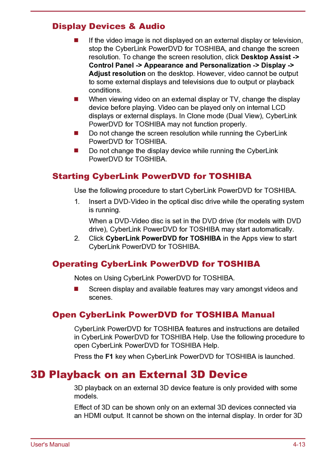 Toshiba L40D-B 3D Playback on an External 3D Device, Display Devices & Audio, Starting CyberLink PowerDVD for Toshiba 