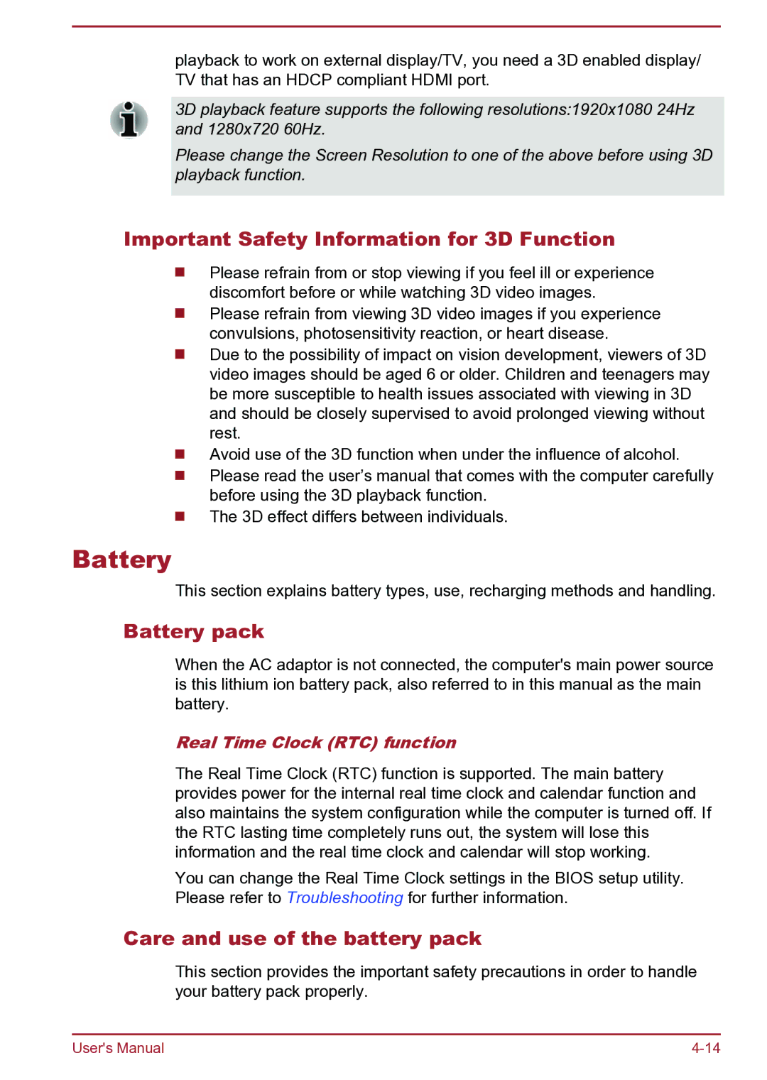 Toshiba L40t-B, S40D-B Important Safety Information for 3D Function, Battery pack, Care and use of the battery pack 