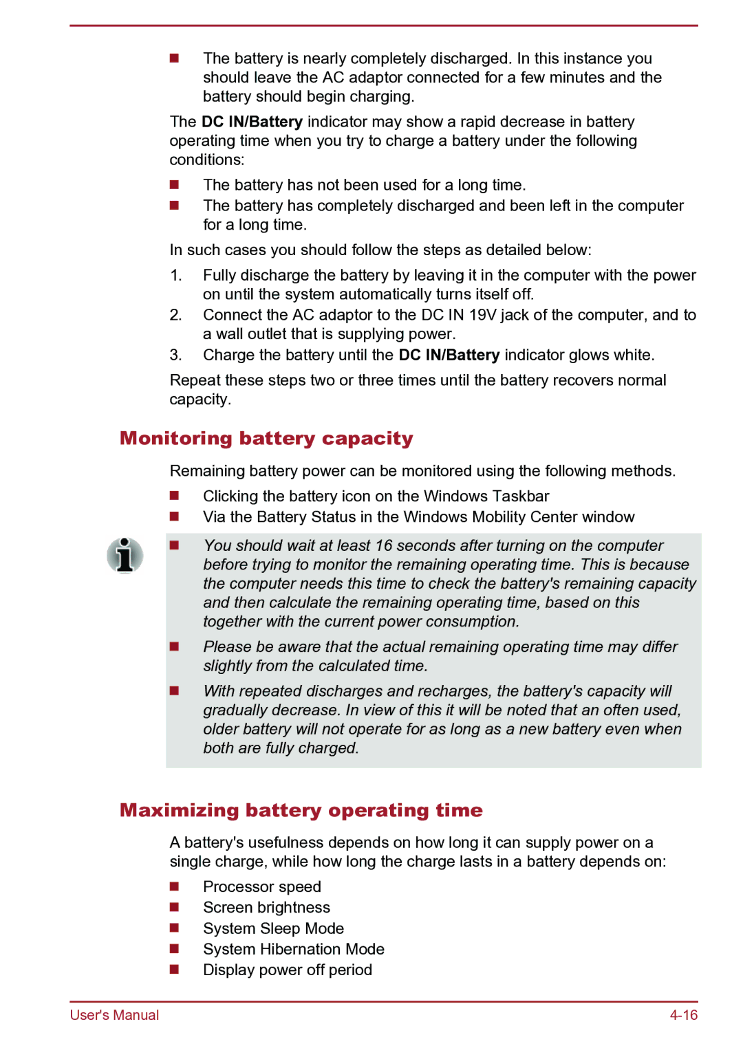 Toshiba S40D-B, S40Dt-B, S40t-B, S40-B, C45D-B, C45-B, C40t-B Monitoring battery capacity, Maximizing battery operating time 