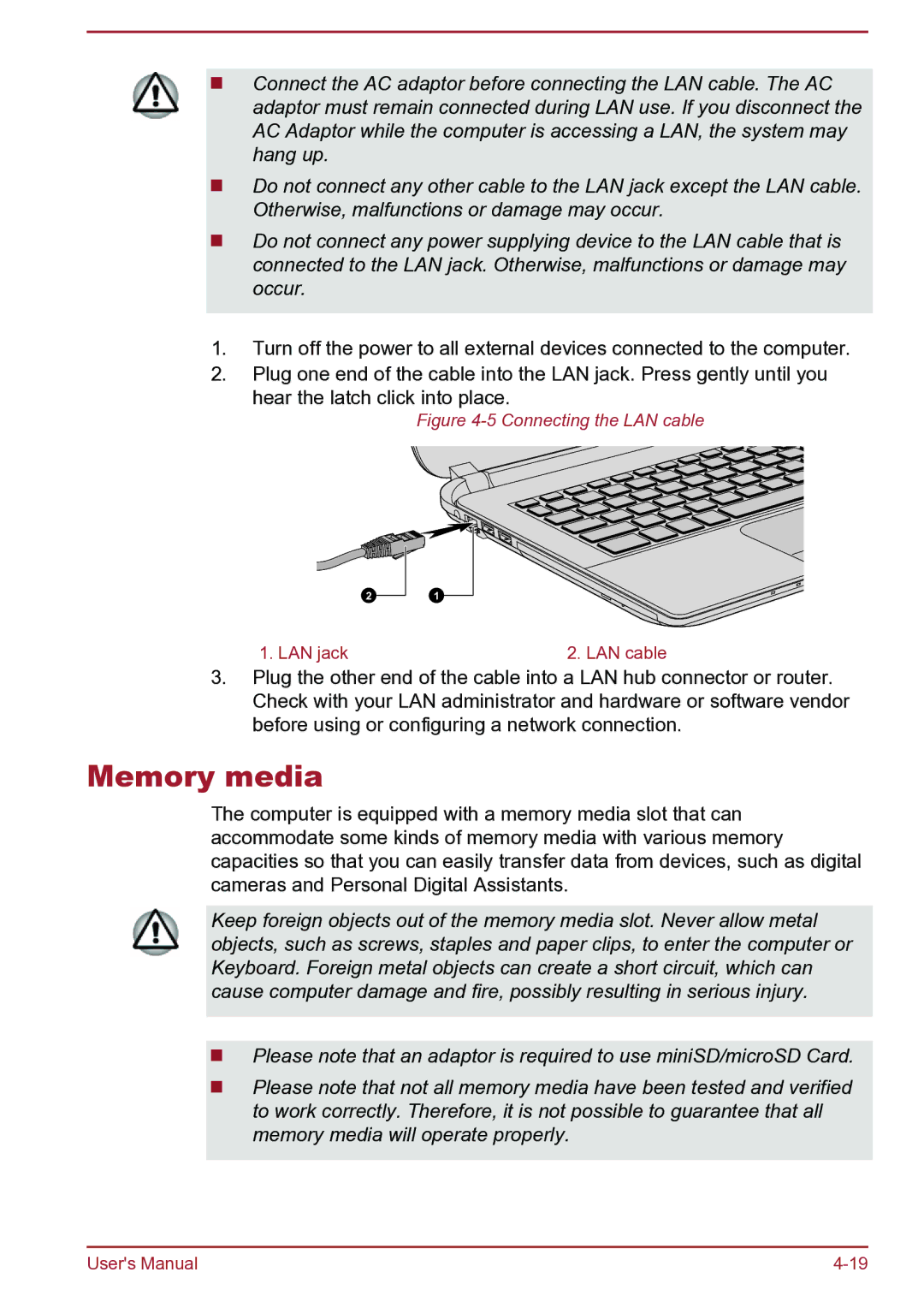 Toshiba S40-B, S40D-B, S40Dt-B, S40t-B, C45D-B, C45-B, C40t-B, C45Dt-B, C40Dt-B, C45t-B Memory media, Connecting the LAN cable 