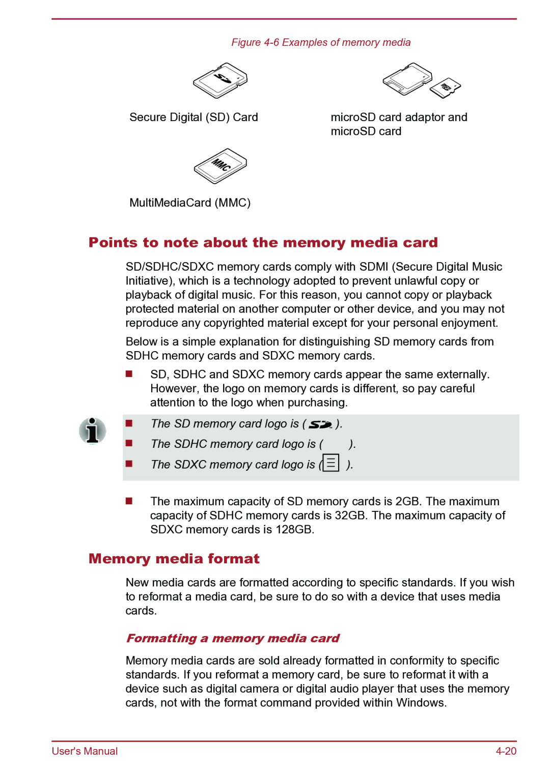 Toshiba C45D-B, S40D-B Points to note about the memory media card, Memory media format, Formatting a memory media card 