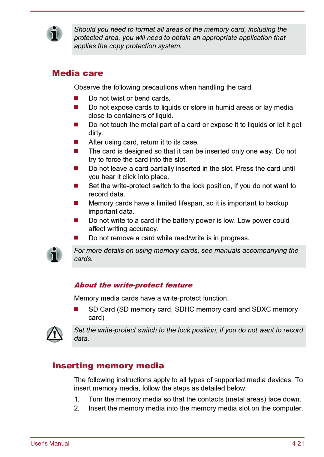 Toshiba C45-B, S40D-B, S40Dt-B, S40t-B, S40-B, C45D-B Media care, Inserting memory media, About the write-protect feature 