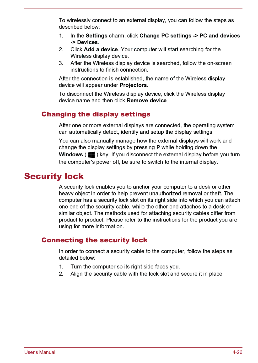 Toshiba C40-B, S40D-B, S40Dt-B, S40t-B, S40-B Security lock, Changing the display settings, Connecting the security lock 