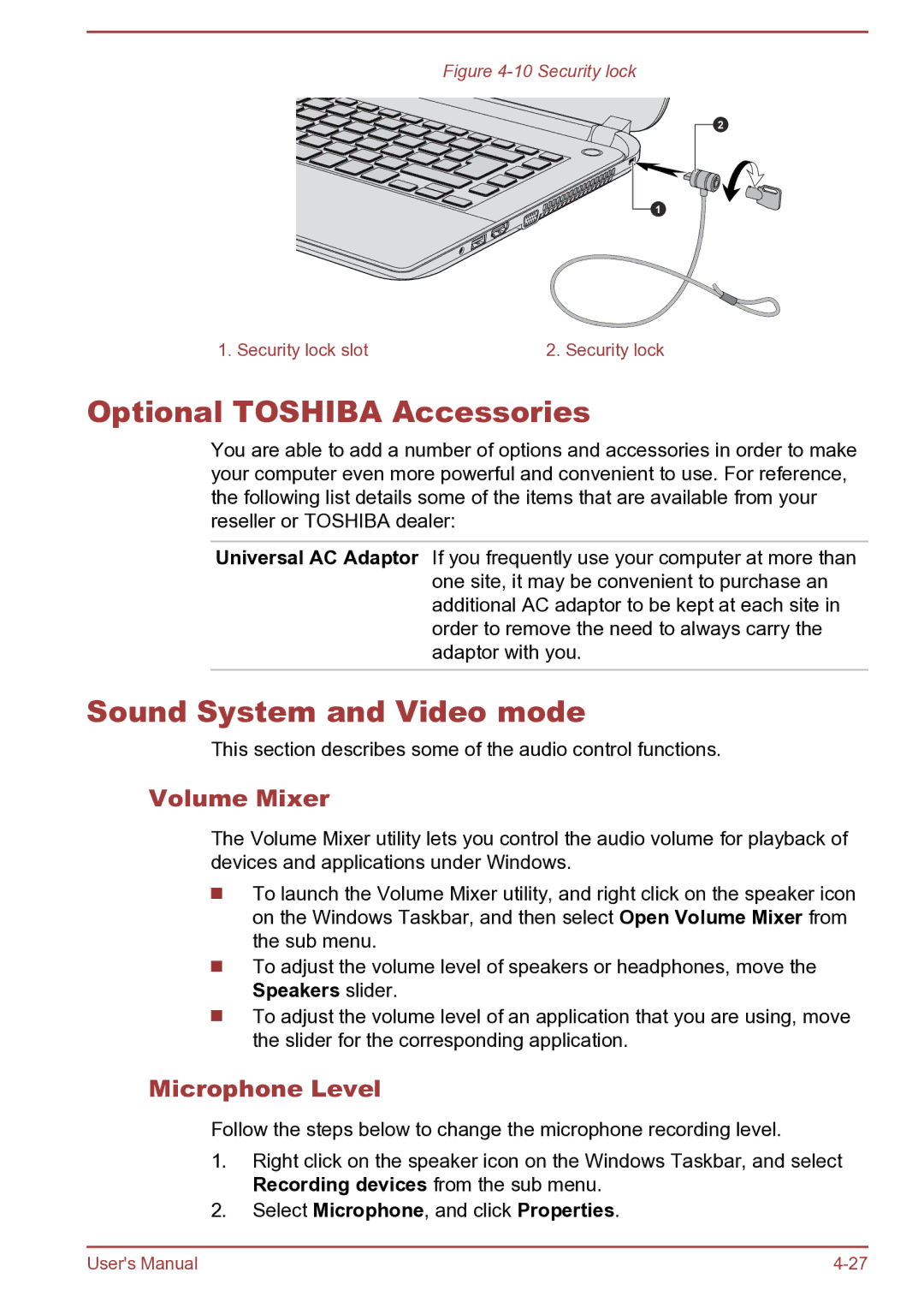 Toshiba C40D- B, S40D-B, S40Dt-B Optional Toshiba Accessories, Sound System and Video mode, Volume Mixer, Microphone Level 