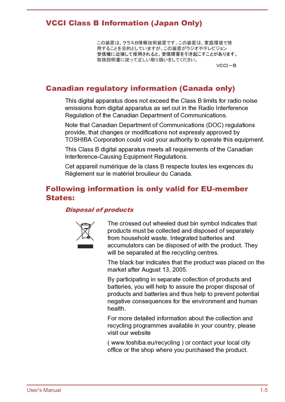 Toshiba C40Dt-B Vcci Class B Information Japan Only, Canadian regulatory information Canada only, Disposal of products 