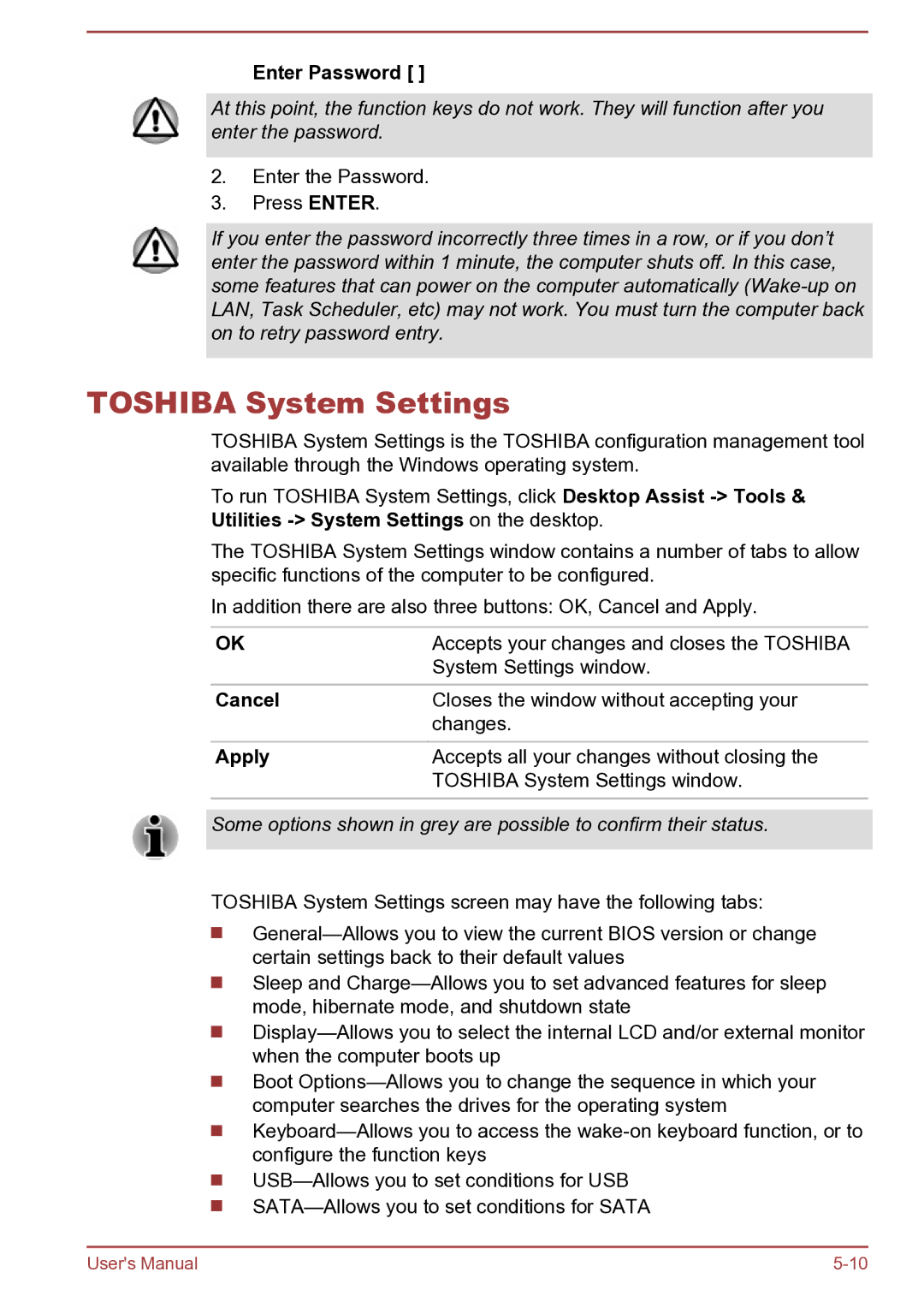 Toshiba C45Dt-B, S40D-B, S40Dt-B, S40t-B, S40-B, C45D-B, C45-B, C40t-B Toshiba System Settings, Enter Password, Cancel, Apply 