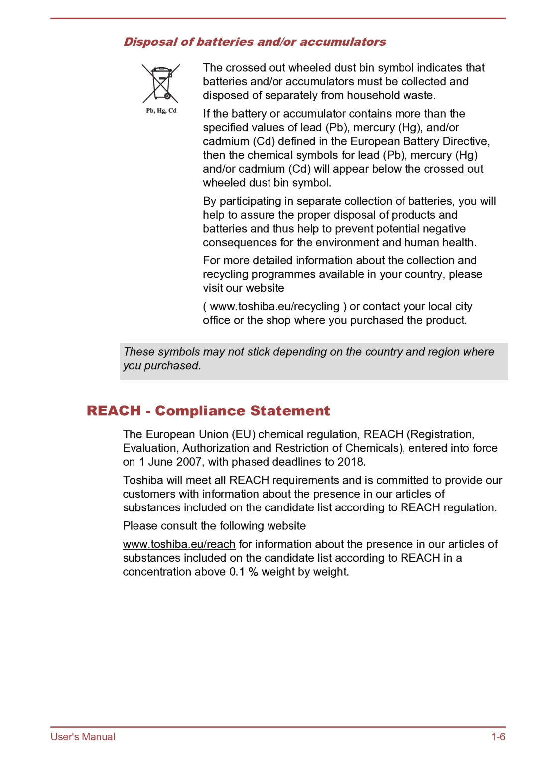 Toshiba C45t-B, S40D-B, S40Dt-B, S40t-B, S40-B, C45D-B Reach Compliance Statement, Disposal of batteries and/or accumulators 