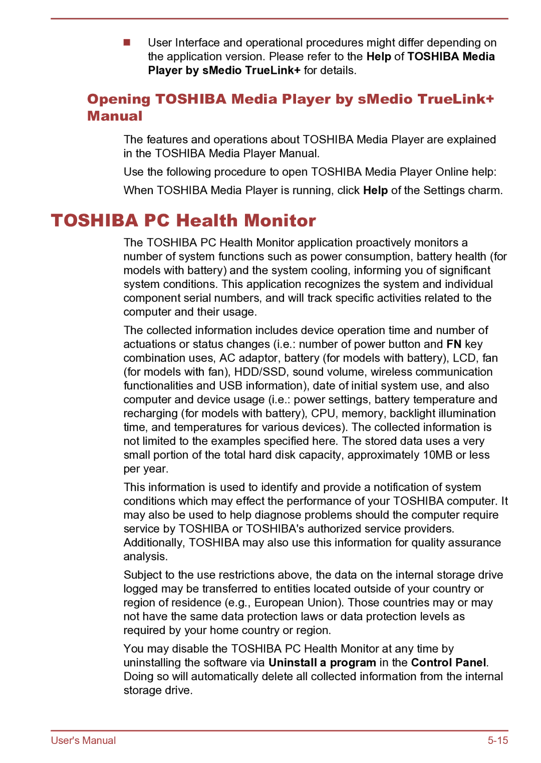 Toshiba L40Dt-B, S40D-B, S40Dt-B, S40t-B Toshiba PC Health Monitor, Opening Toshiba Media Player by sMedio TrueLink+ Manual 