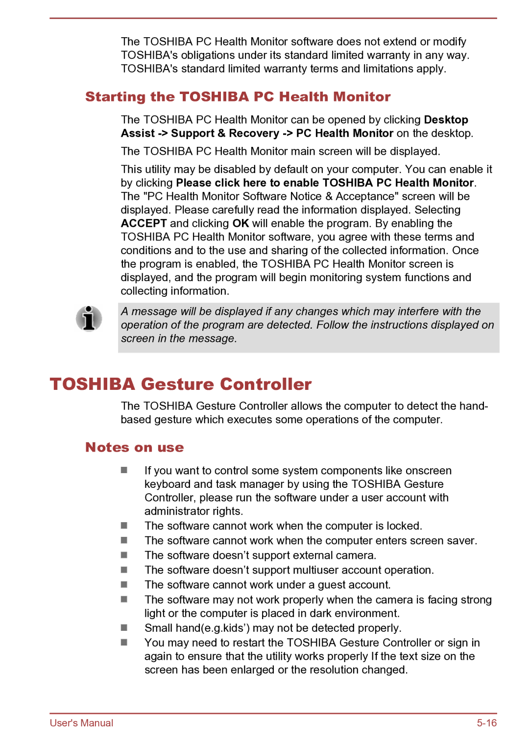 Toshiba L40D-B, S40D-B, S40Dt-B, S40t-B, S40-B, C45D-B Toshiba Gesture Controller, Starting the Toshiba PC Health Monitor 