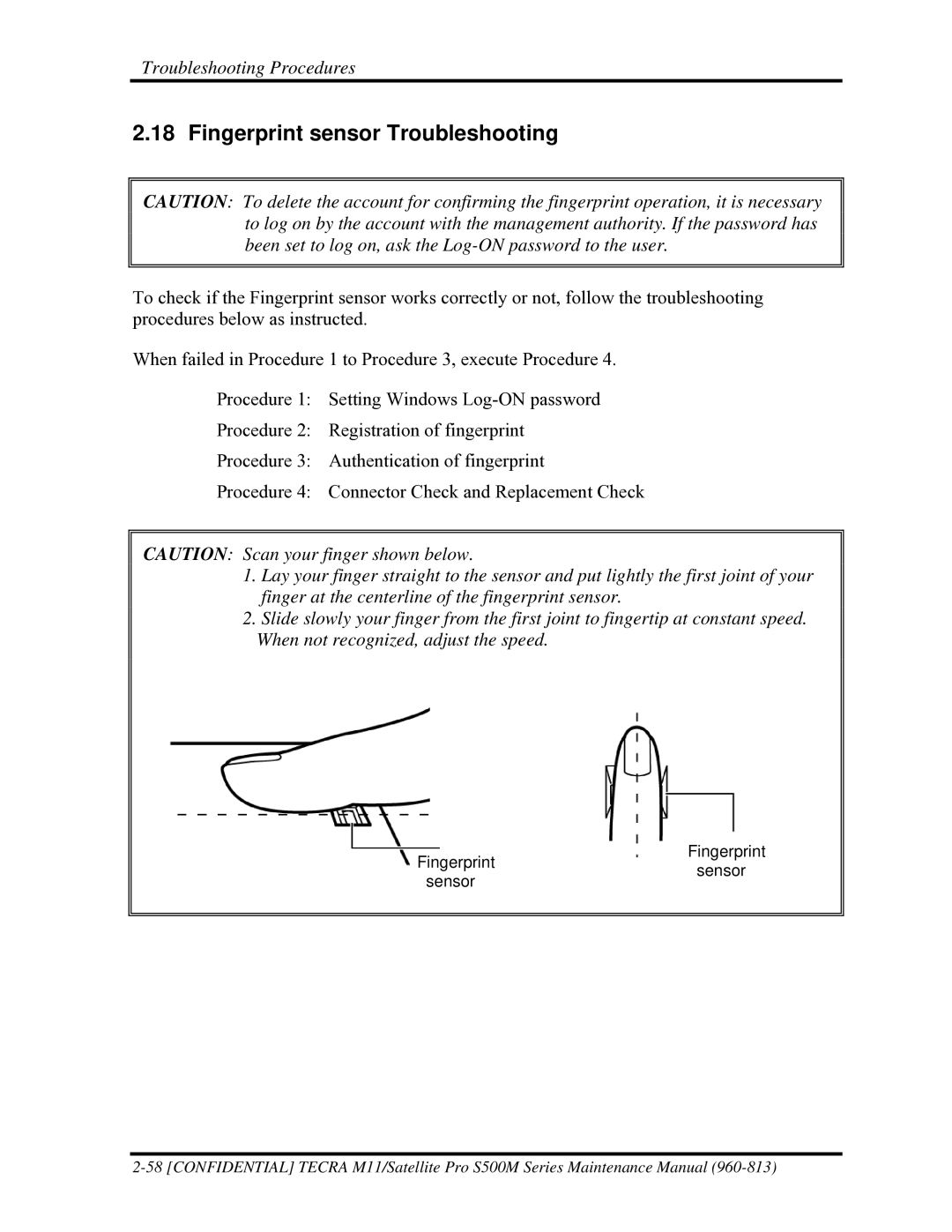 Toshiba S500M manual Fingerprint sensor Troubleshooting 