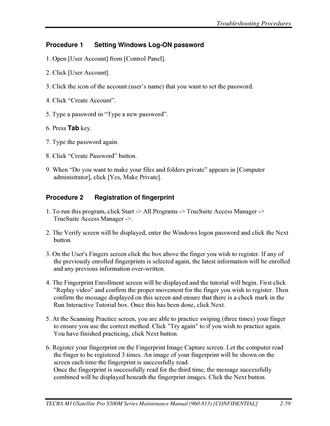 Toshiba S500M manual Procedure 1 Setting Windows Log-ON password, Procedure 2 Registration of fingerprint 