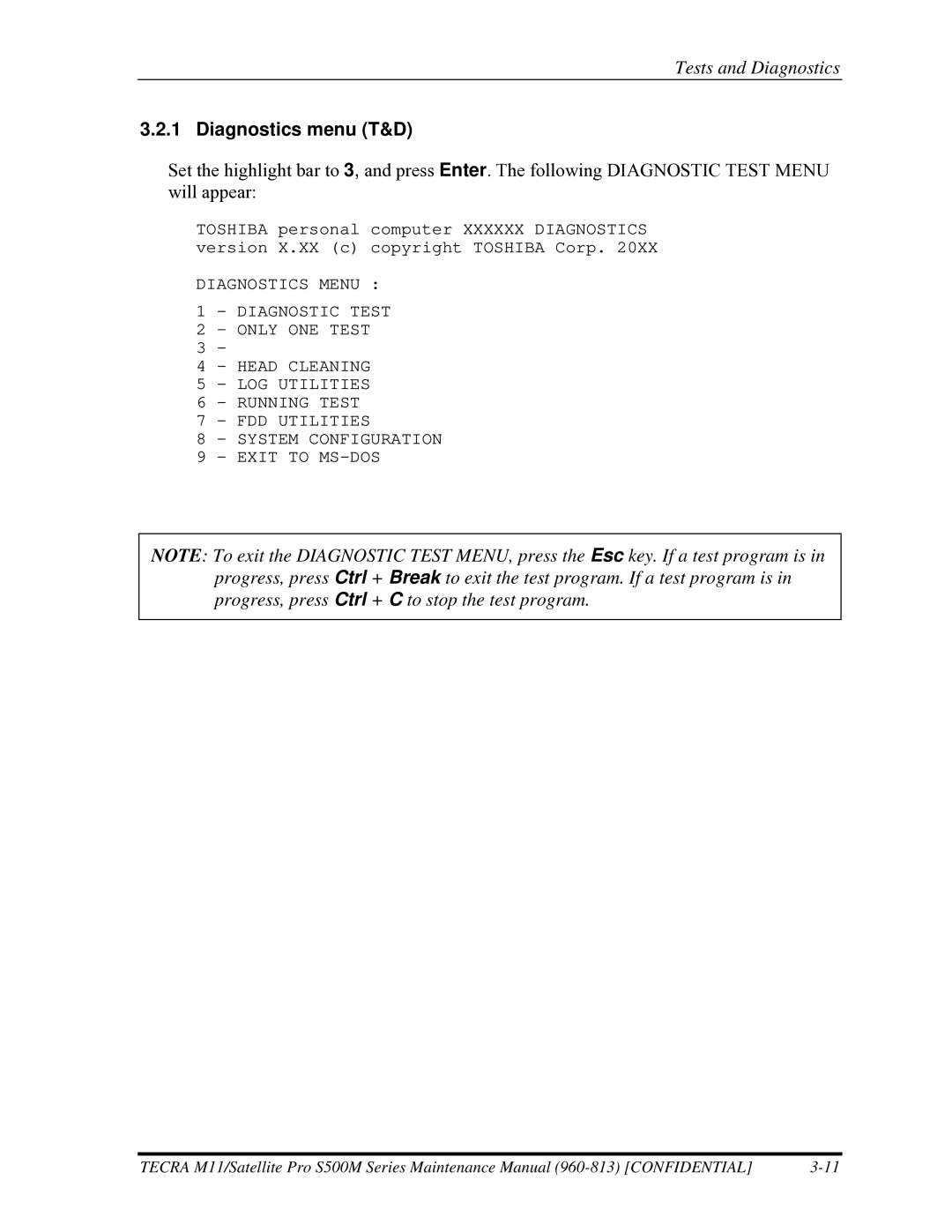 Toshiba S500M manual Diagnostics menu T&D 