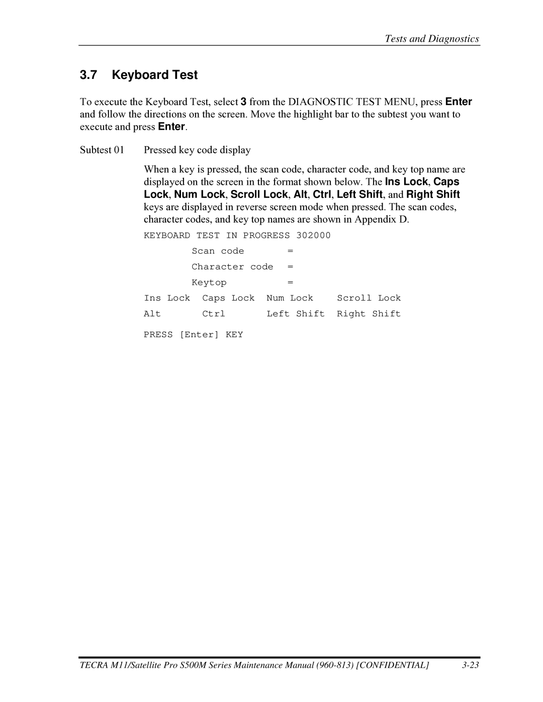 Toshiba S500M manual Keyboard Test in Progress 