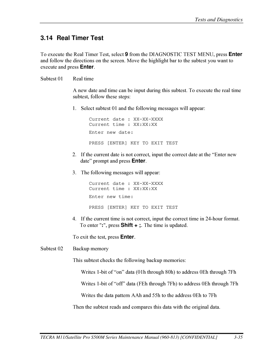 Toshiba S500M manual Real Timer Test 