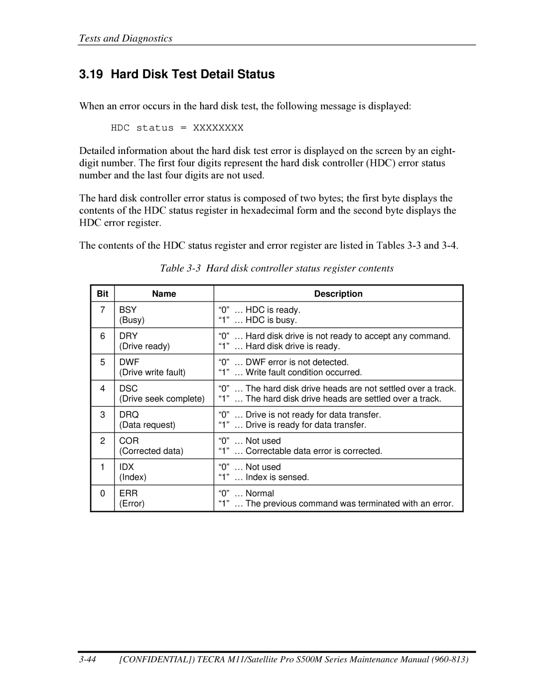 Toshiba S500M manual Hard Disk Test Detail Status, Hard disk controller status register contents 