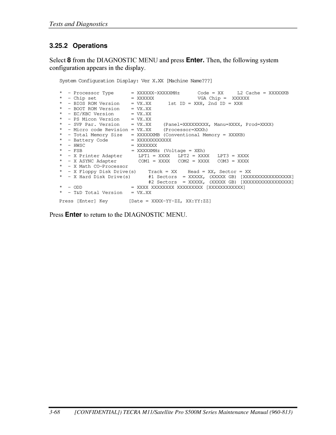 Toshiba S500M manual Press Enter to return to the Diagnostic Menu 