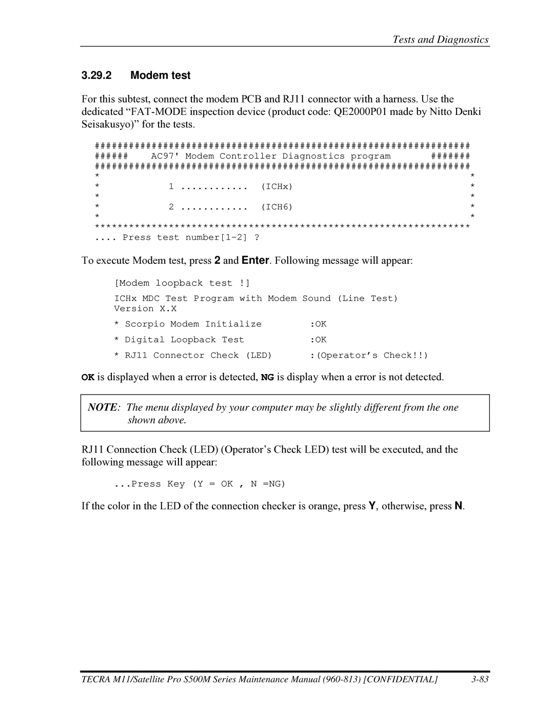 Toshiba S500M manual Modem test, Modem loopback test 