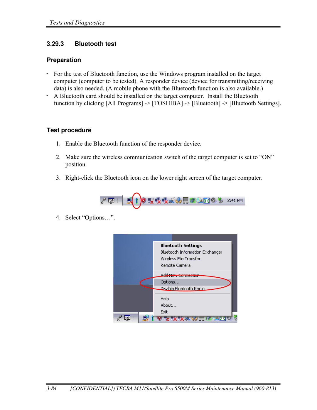 Toshiba S500M manual Bluetooth test Preparation, Test procedure 