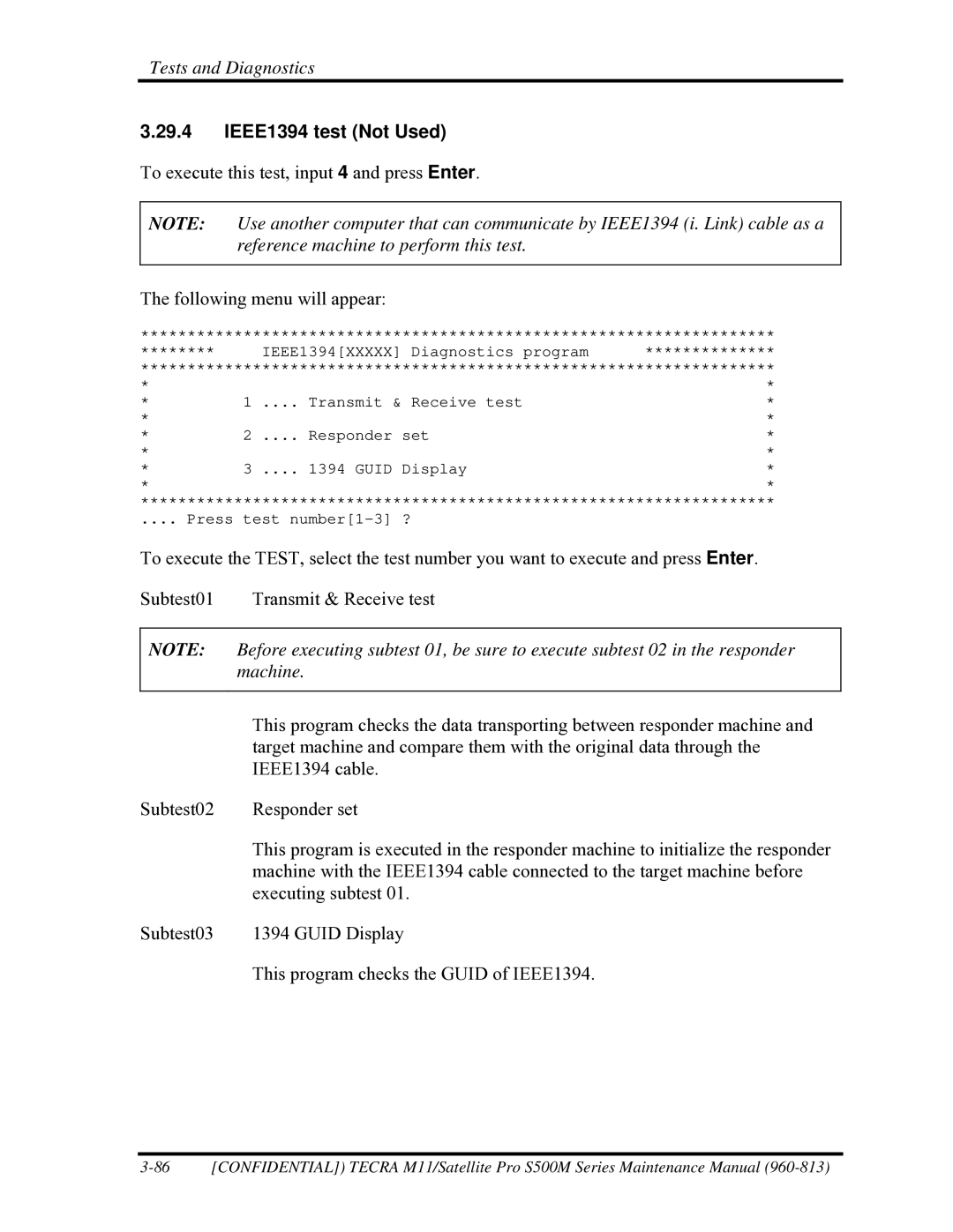 Toshiba S500M manual IEEE1394 test Not Used, Machine 