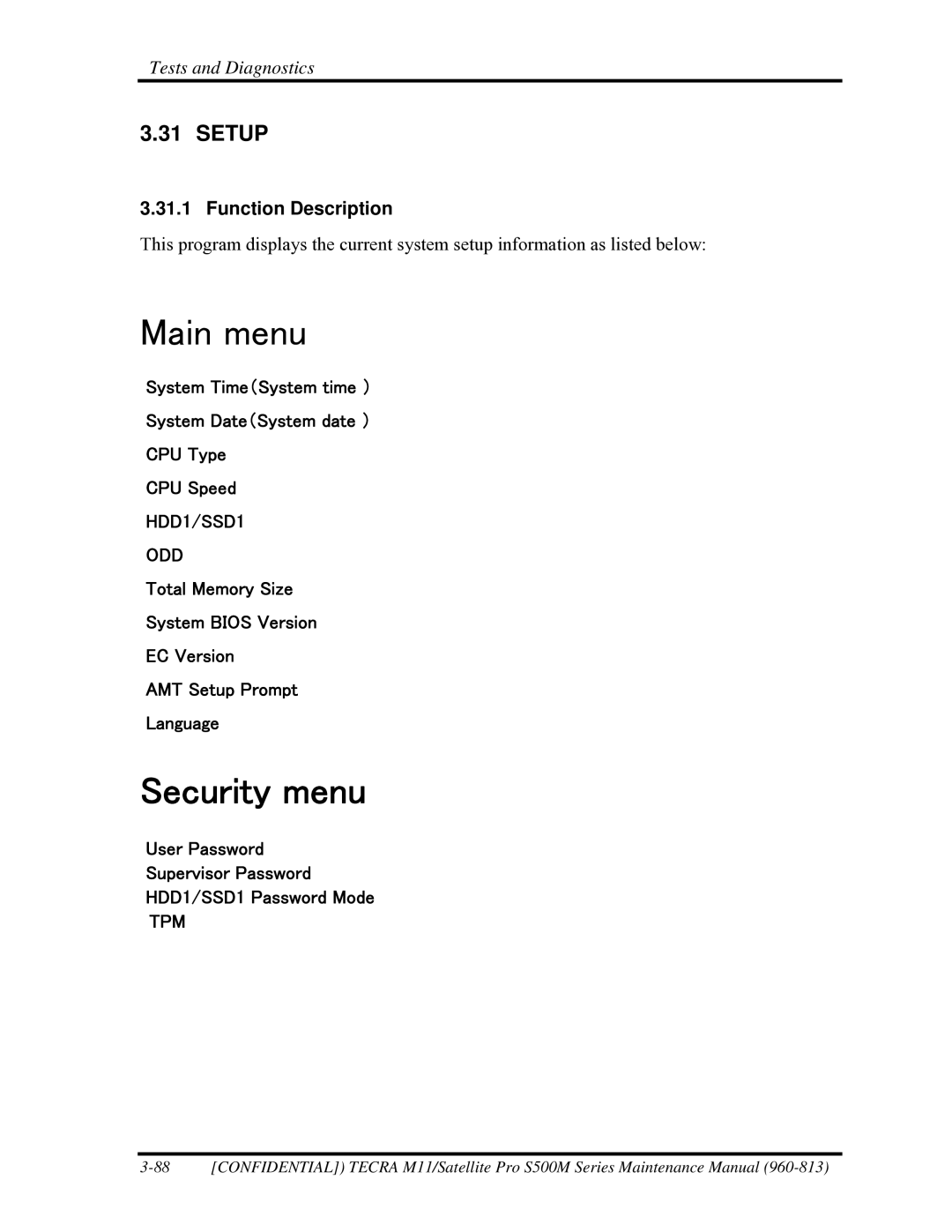 Toshiba S500M manual Main menu, Setup 