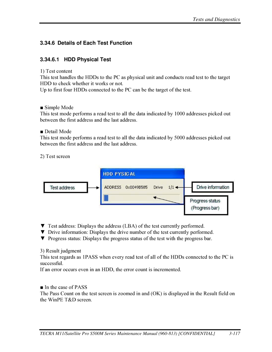 Toshiba S500M manual Details of Each Test Function HDD Physical Test 