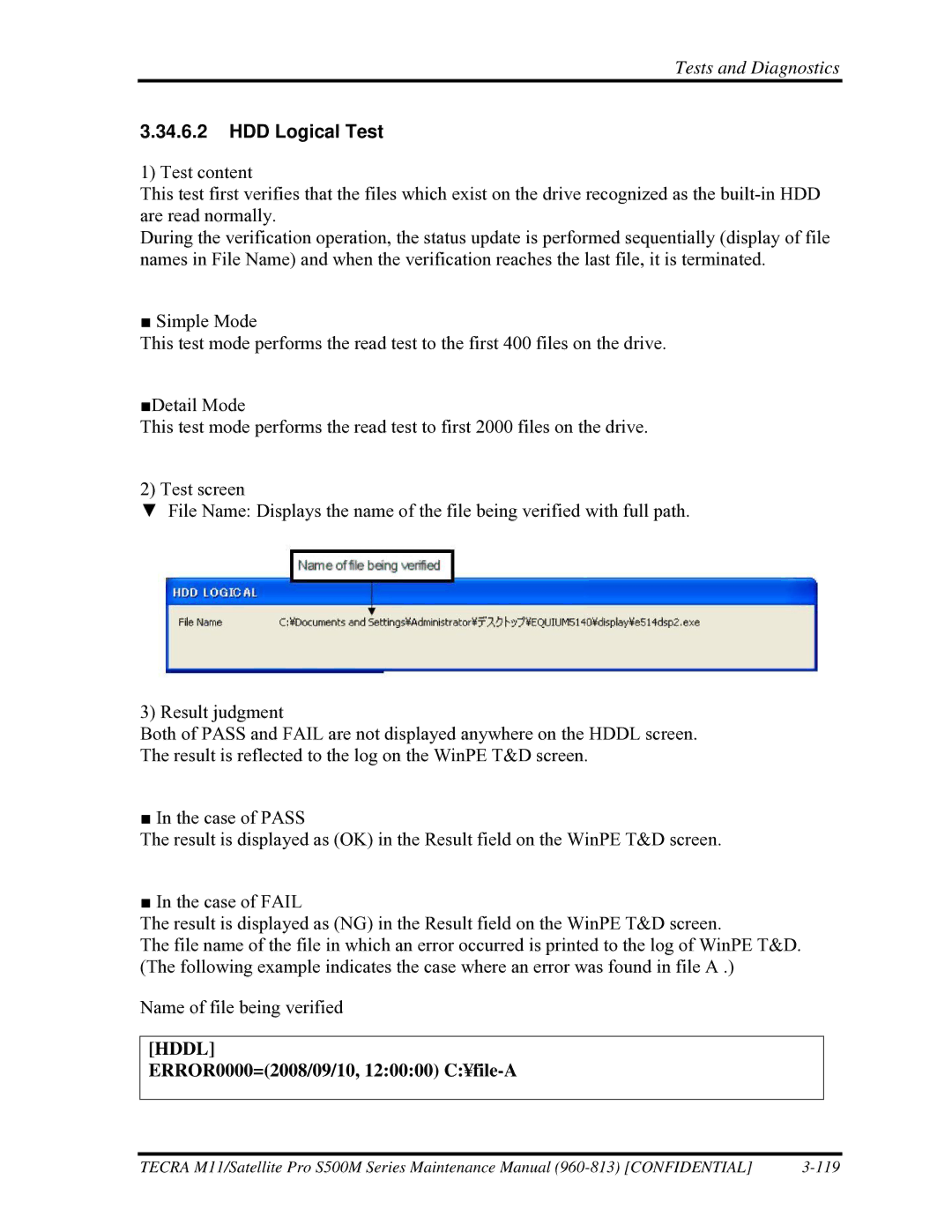 Toshiba S500M manual HDD Logical Test, Hddl 