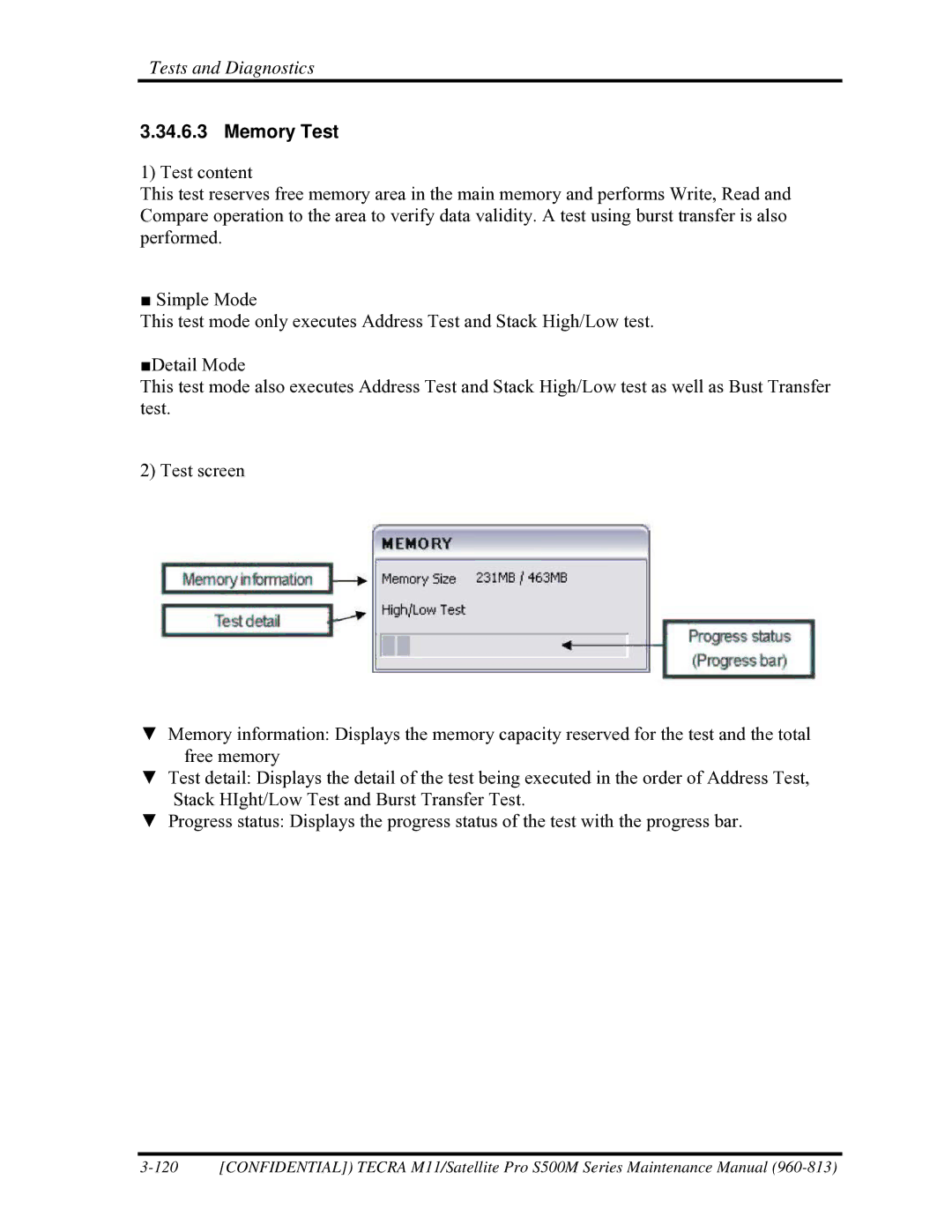 Toshiba S500M manual Memory Test 