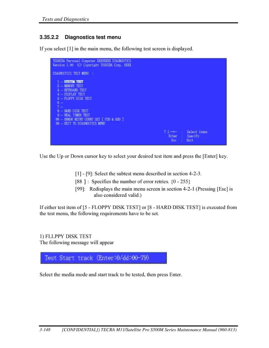 Toshiba S500M manual Diagnostics test menu, Fllppy Disk Test 