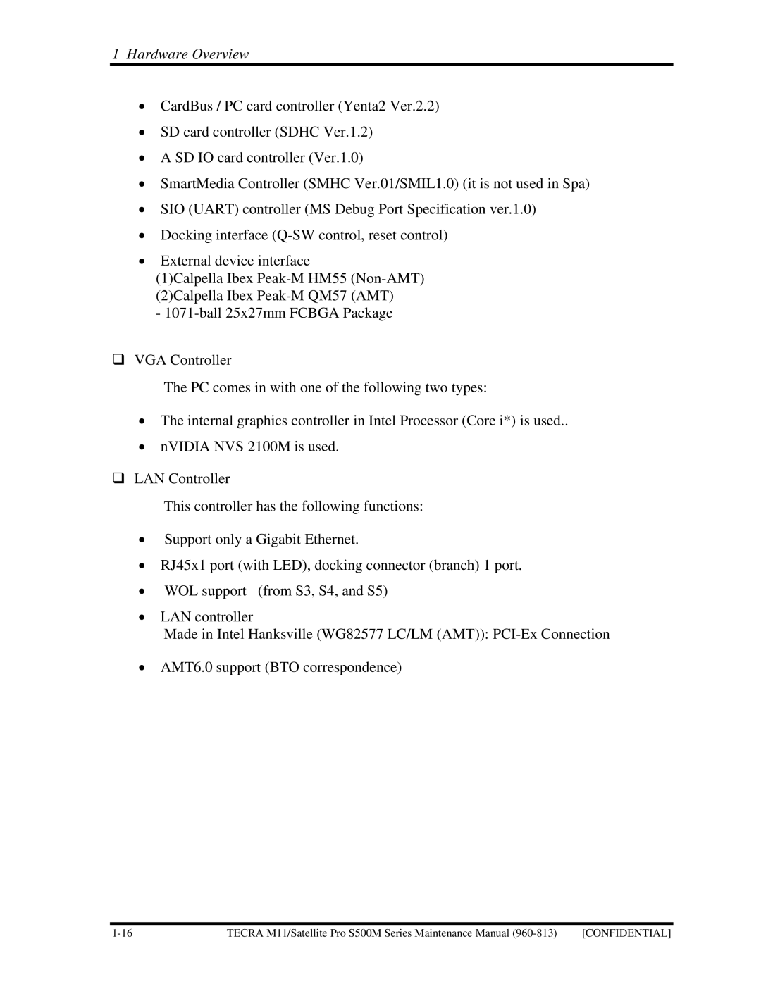 Toshiba S500M manual Hardware Overview 