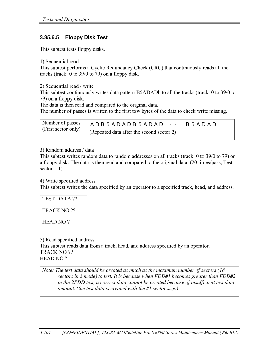 Toshiba S500M manual Floppy Disk Test, Test Data ?? Track no ?? Head no ? 