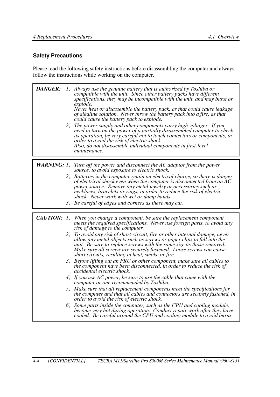 Toshiba S500M manual Safety Precautions 