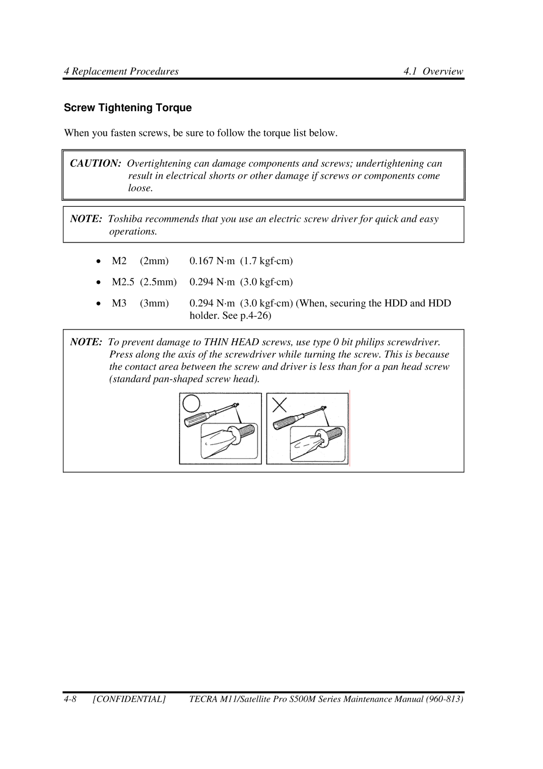 Toshiba S500M manual Screw Tightening Torque 