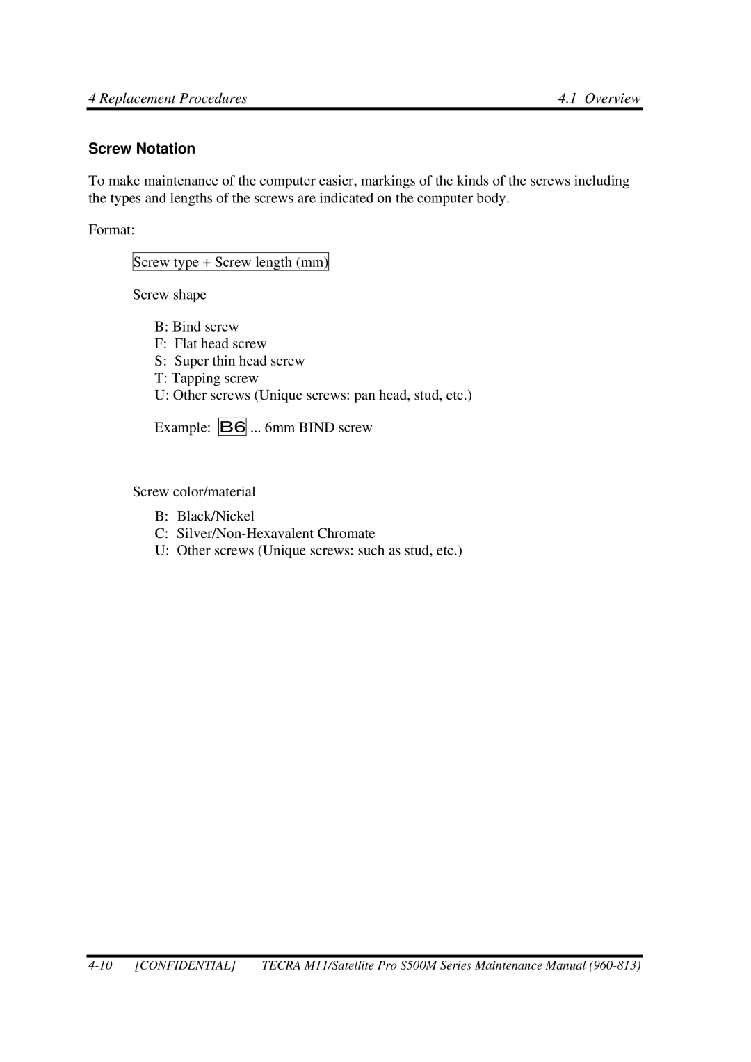 Toshiba S500M manual Screw Notation 