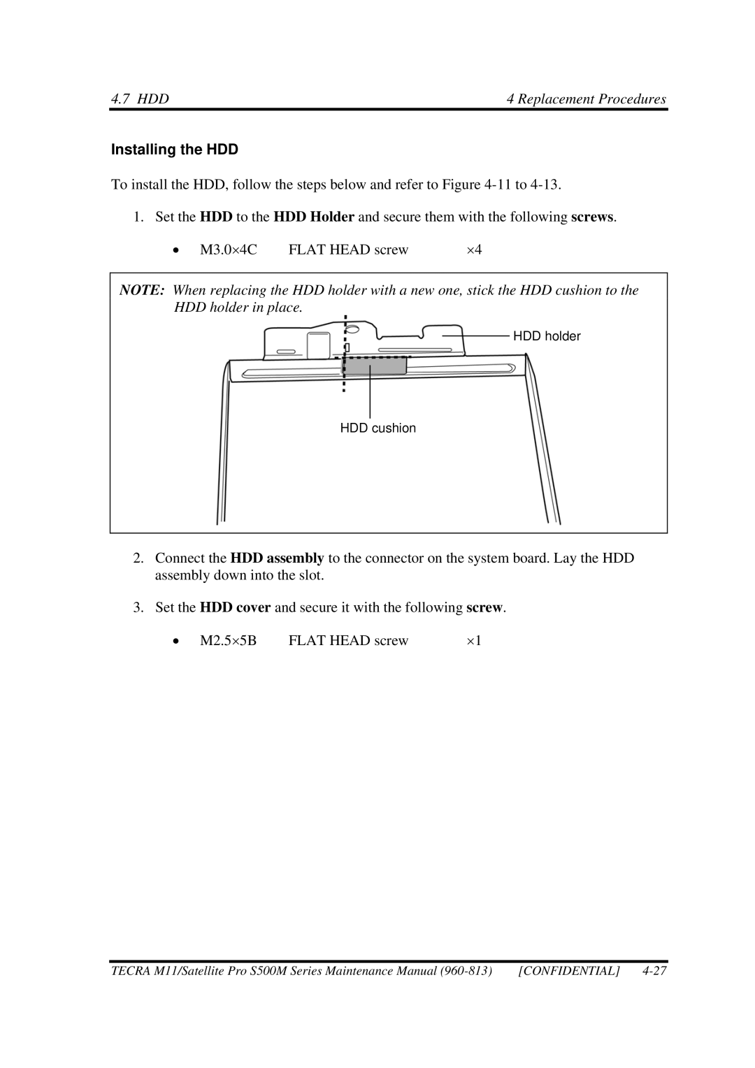 Toshiba S500M manual HDD4 Replacement Procedures, Installing the HDD 