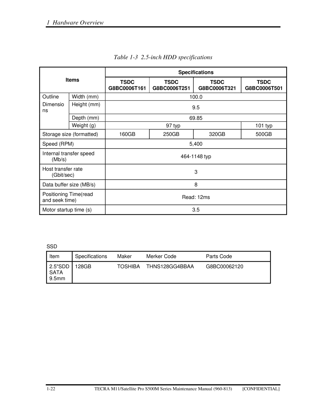 Toshiba S500M manual Hardware Overview 2.5-inch HDD specifications, G8BC0006T161 G8BC0006T251 G8BC0006T321 G8BC0006T501 