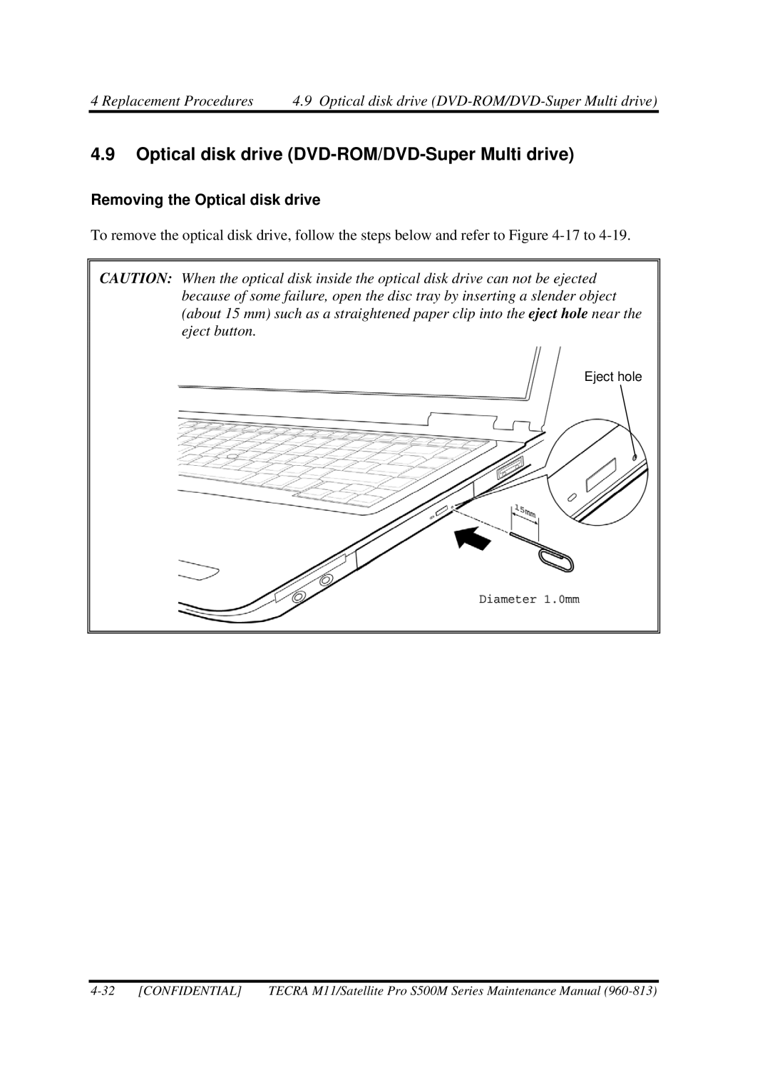 Toshiba S500M manual Optical disk drive DVD-ROM/DVD-Super Multi drive, Removing the Optical disk drive 