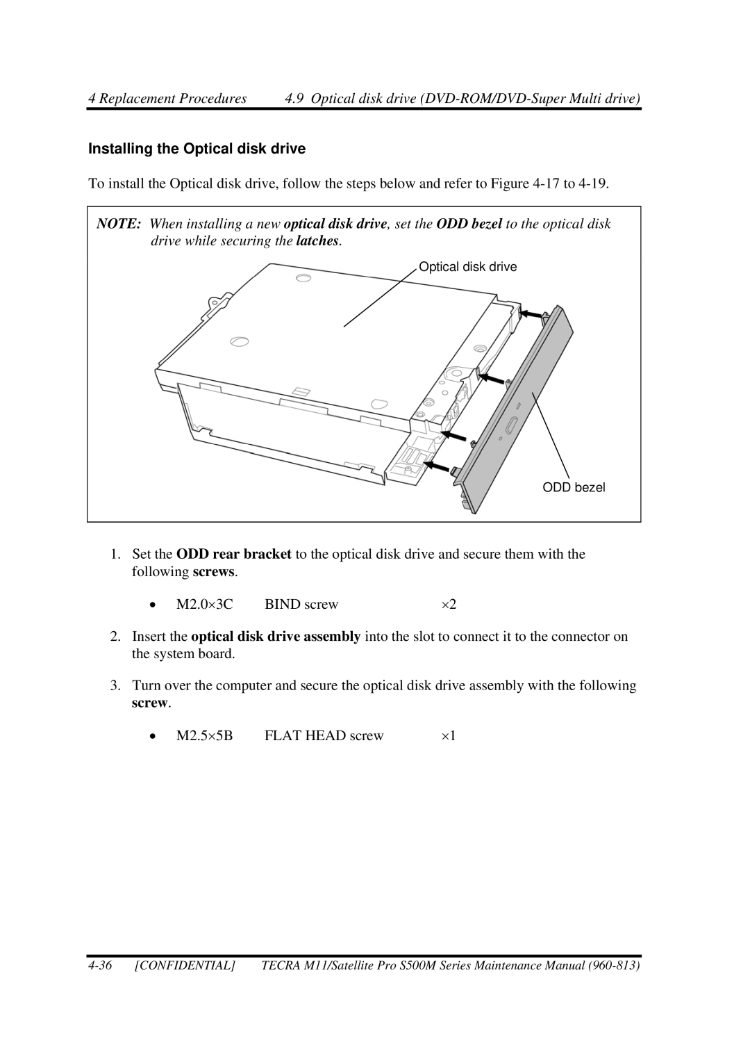 Toshiba S500M manual Installing the Optical disk drive 