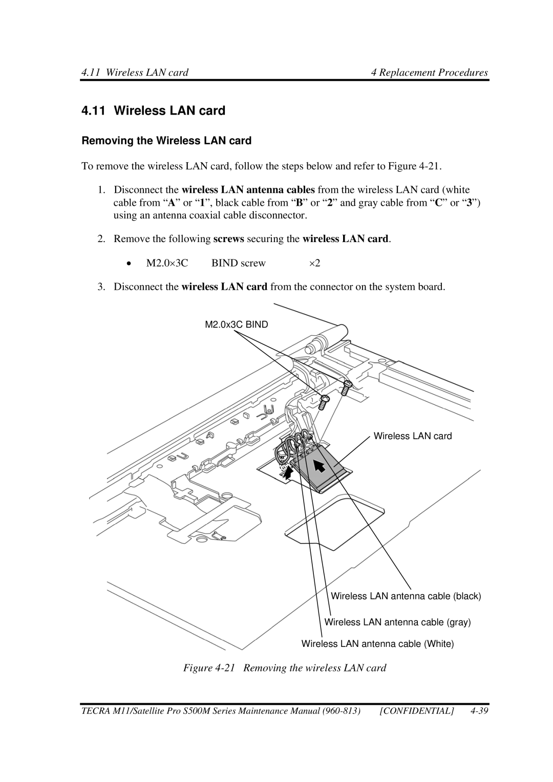 Toshiba S500M manual Removing the Wireless LAN card 