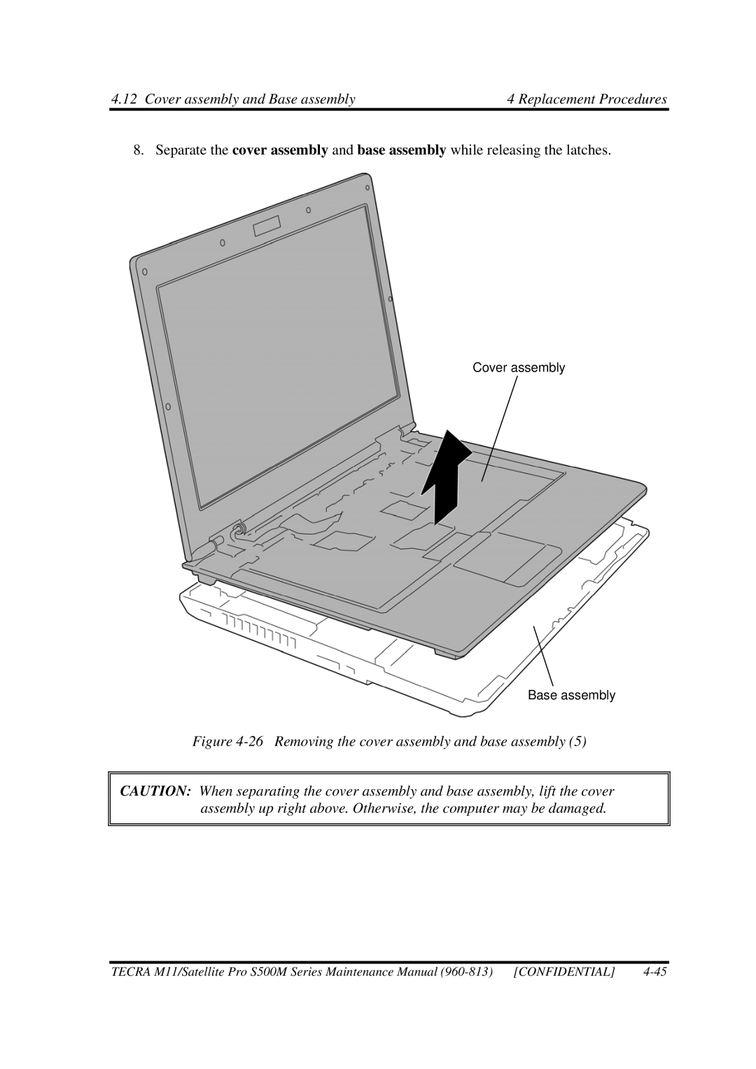 Toshiba S500M manual Removing the cover assembly and base assembly 