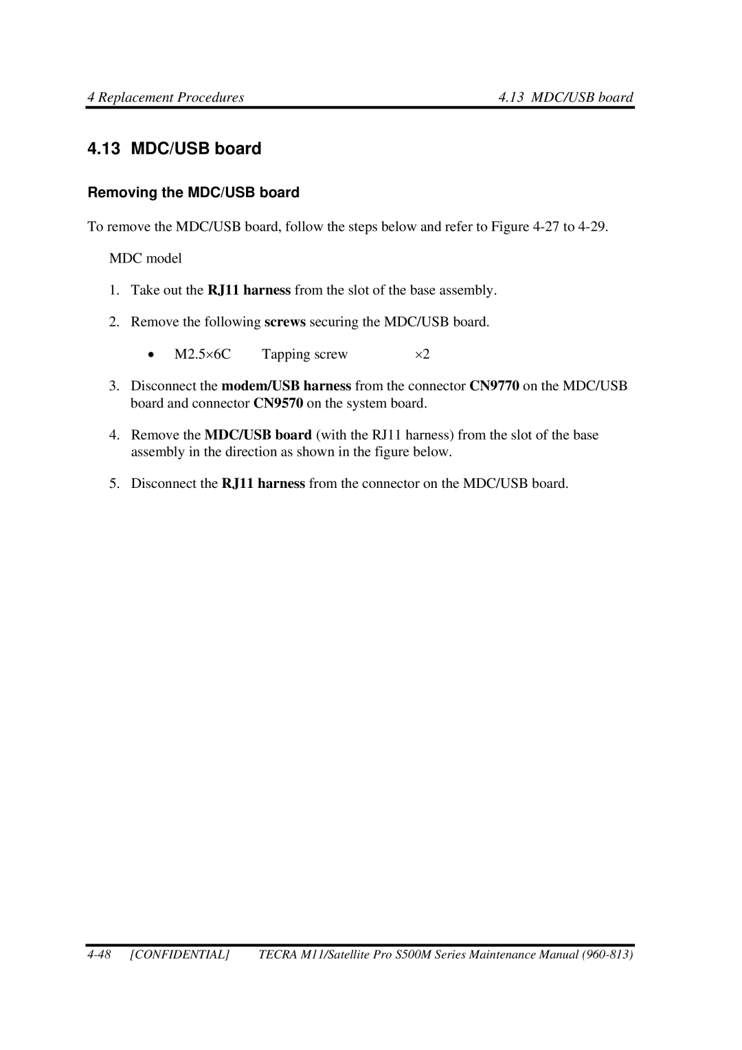 Toshiba S500M manual Replacement Procedures 13 MDC/USB board, Removing the MDC/USB board 