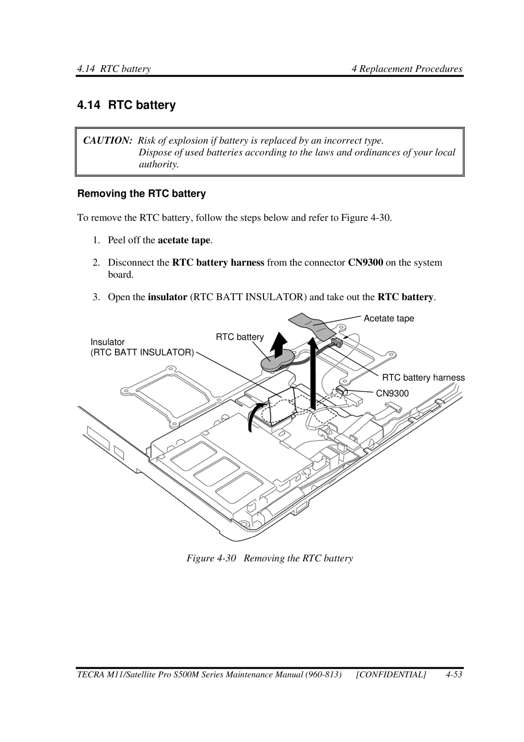 Toshiba S500M manual Removing the RTC battery 