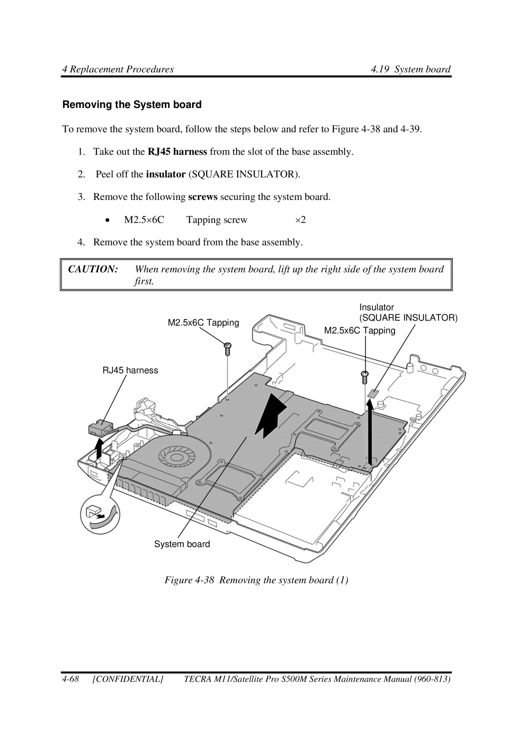 Toshiba S500M manual Replacement Procedures System board, Removing the System board 