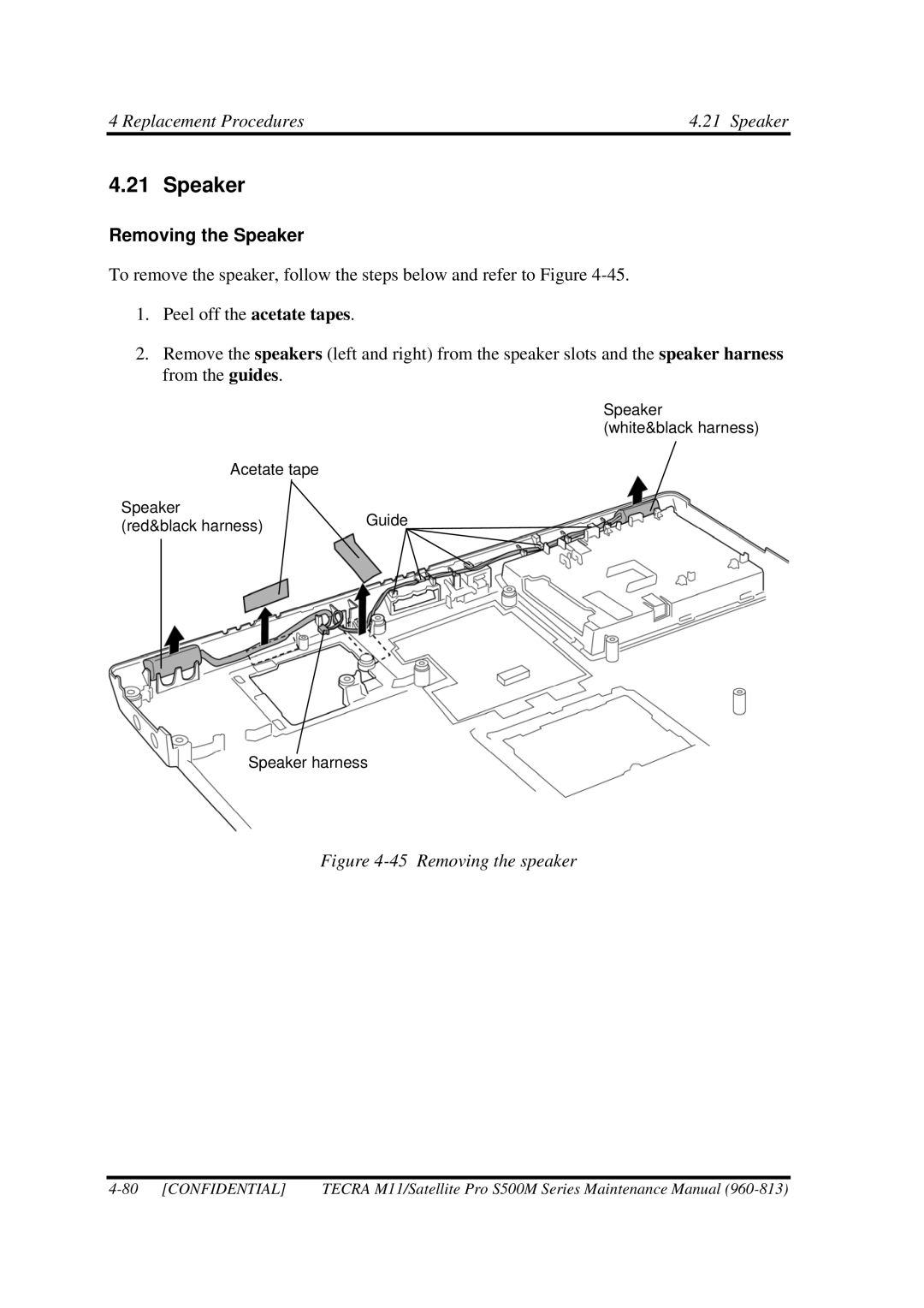 Toshiba S500M manual Replacement Procedures Speaker, Removing the Speaker 